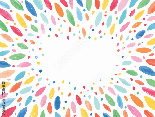 Este vibrante vetor abstrato exibe uma explosão de cores e formas orgânicas, formando uma moldura festiva ideal para mensagens e designs criativos.