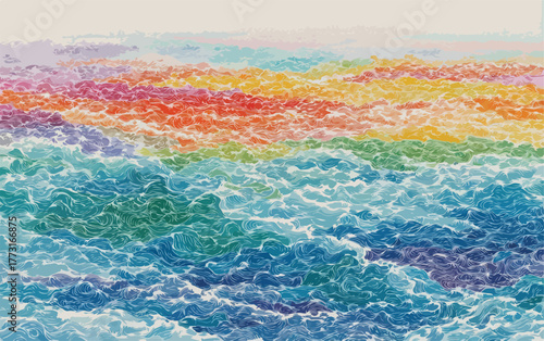Abstrato vibrante de ondas coloridas em camadas, representando um oceano ou mar em estilo vetorial artístico.