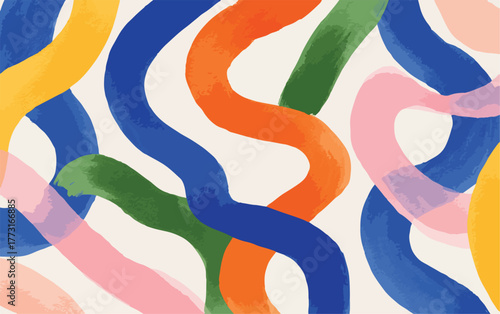 Fundo abstrato com linhas orgânicas onduladas em cores vibrantes como azul, laranja, amarelo e rosa.