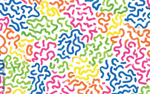 Vetor abstrato de padrão Memphis colorido com linhas orgânicas sinuosas e vibrantes sobre fundo branco.