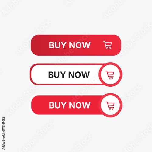 Collection of red and white buy now buttons with shopping cart icons