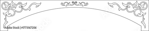 Minimalist line art of ornate arched border with symmetrical floral scrollwork — ideal for invitations, certificates, or luxury graphic design projects.