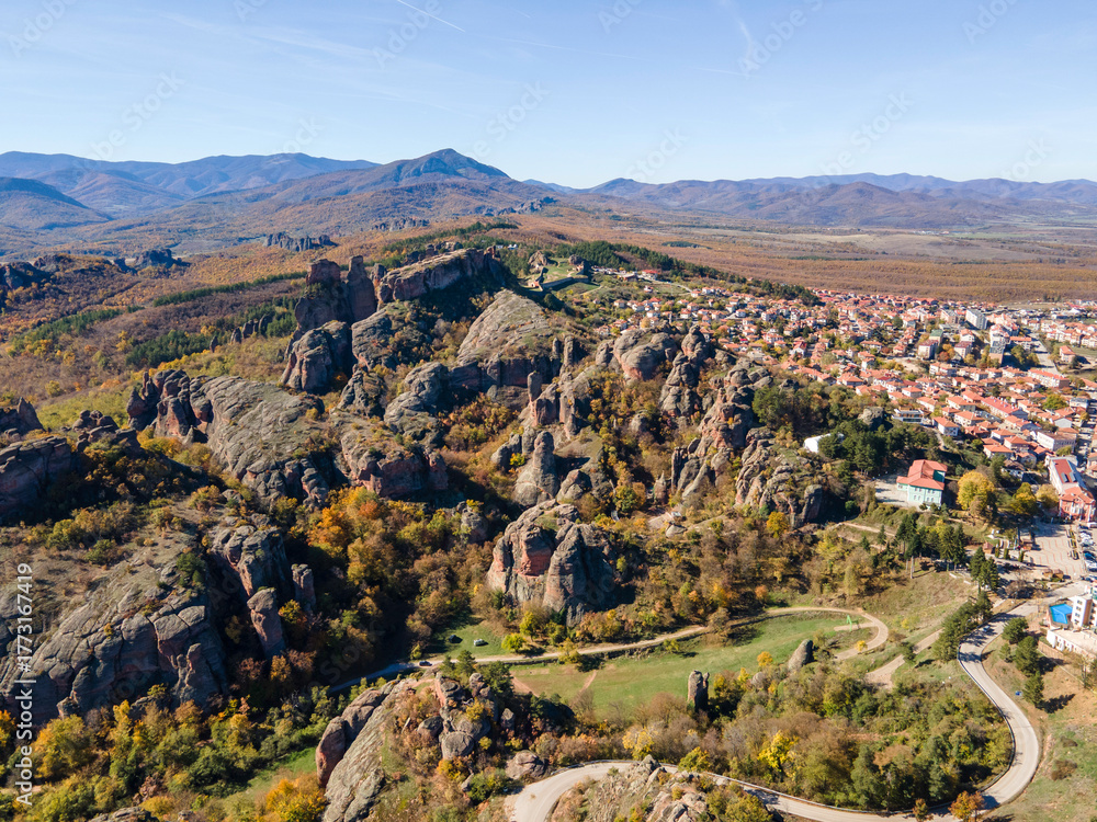 Fototapeta premium Autumn Aerial view of Belogradchik Rocks, Bulgaria