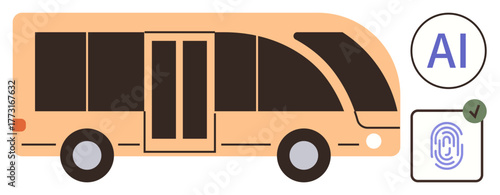 Futuristic electric bus alongside AI and fingerprint scan elements, highlighting innovation, security, and sustainability. Ideal for technology, transportation, security, innovation, AI green