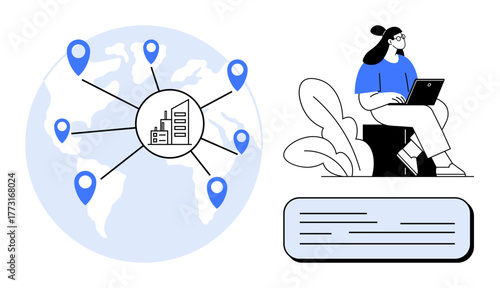 Woman using laptop, map with location markers, connected urban hub. Ideal for globalization, networking, remote work, technology, business management, communication simple flat metaphor