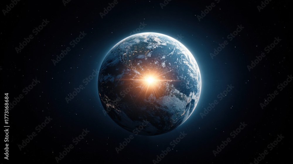 Obraz premium Earth in space with a bright sunburst, showing continents and city lights
