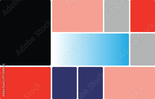 A modern abstract arrangement of rectangular color blocks, featuring black, coral, blue gradient, and red.