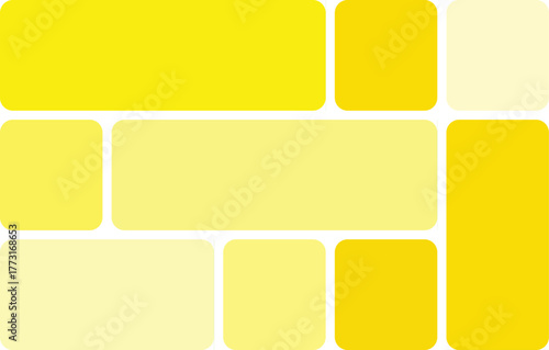 A geometric arrangement of various sized yellow and pale yellow rectangles and squares with rounded corners on a white background.