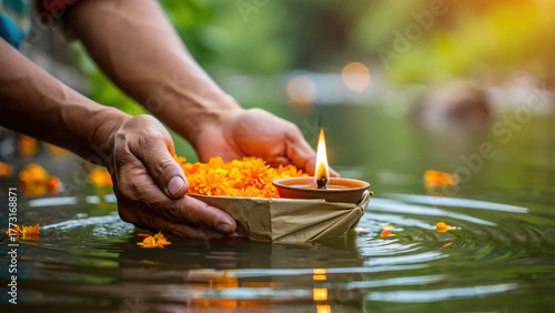 Floating diya offering on river, marigold flower boat in leaf bowl, hands performing ritual on water, prayer for prosperity, full moon observance, Kartik Purnima ceremony, devotion, twilight
