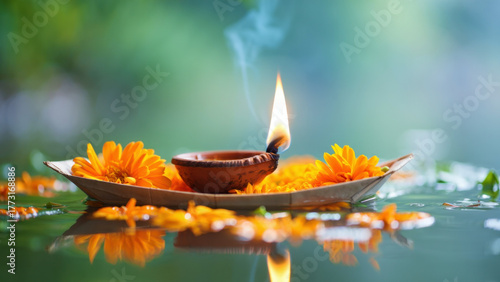 Floating diya boat with marigold flowers on river during Kartika Purnima, spiritual offering, traditional Hindu ritual, festive decoration, peaceful water background, banner copy space