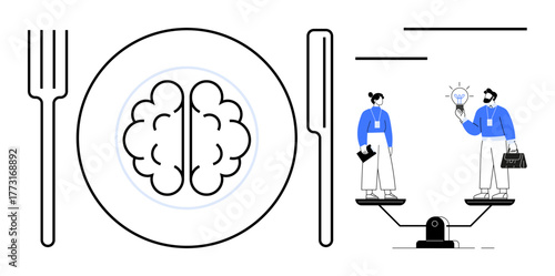 Fork, plate with brain, two professionals on scale, bulb idea, and balance concept. Ideal for workplace harmony, teamwork, innovation, decision-making productivity equality simple flat metaphor