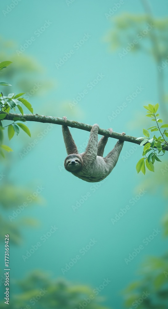 Naklejka premium Intimate Vertical Portrait: Peaceful Sloth Hanging Upside Down in a Misty, Green Rainforest