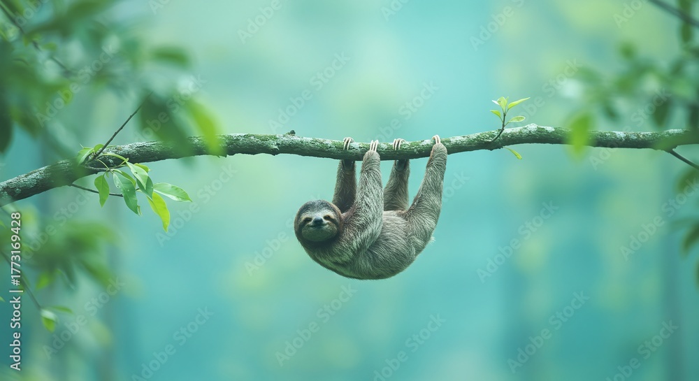 Obraz premium Sublime Animal Portrait: Sloth Clinging to a Branch with Long Claws and a Gentle Expression
