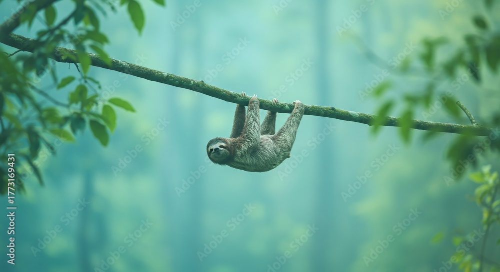 Obraz premium Tropical Nature Scene: Adorable Sloth (Bradypus) Relaxing on a Horizontal Tree Branch