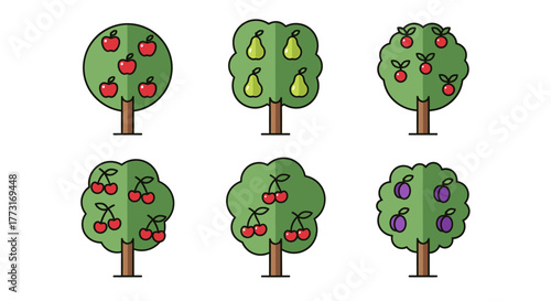 Set of Cartoon Fruit Trees Apple Pear Cherry Plum Vector Icons