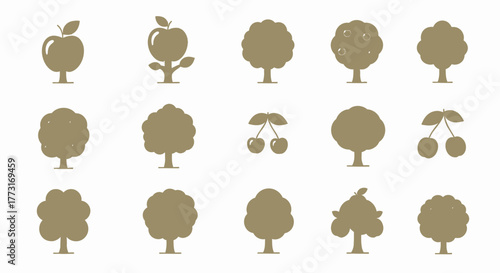 Fruits and trees silhouetted icon set nature concept