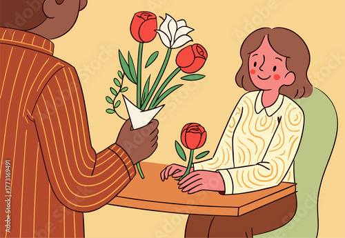 Affectionate Couple Exchanging Flowers at a Table - Digitally Generated Illustration