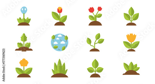 Growing Plants and Seedlings Icons Collection Vector Illustration