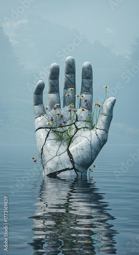 Minimalist Fantasy Landscape: Ancient Sculpture in Water with Daisy Wildflowers