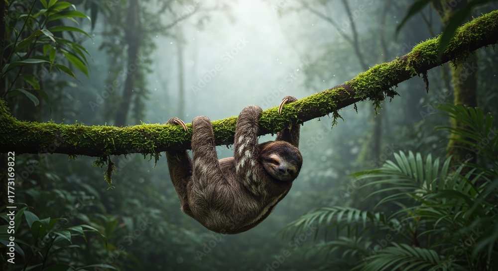 Naklejka premium Slow Living: Peaceful Sloth Sleeping or Resting in the Lush, Misty Green Jungle