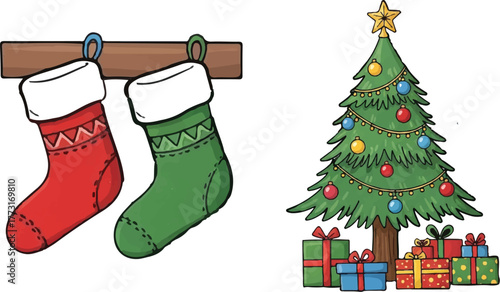 Christmas Tree with Presents and Stockings Hanging Illustration