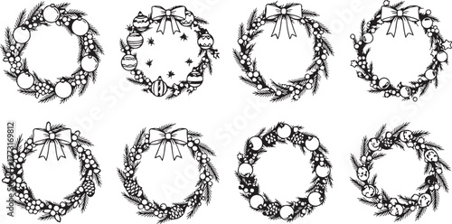 Christmas Wreath Outline Collection: Laurel, Bows, and Ornaments