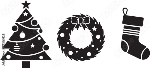 Christmas Holiday Icons: Tree, Wreath, and Stocking Silhouettes