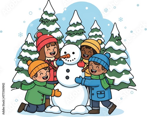 Happy Diverse Kids Building a Snowman in a Winter Forest