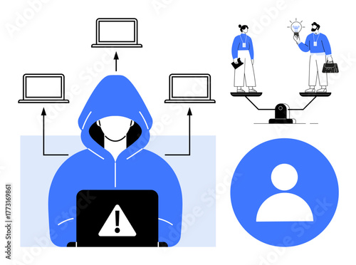 Hacker in hoodie working at laptop with warning alert, four connected devices, weighted ethical balance scales. Ideal for cybersecurity, hacking, privacy, digital ethics, online safety