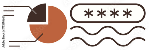 Pie chart with annotated sections and password field with asterisks, representing data analysis, protection, privacy, and encryption. Ideal for analytics, cybersecurity, statistics, privacy