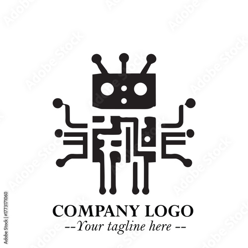 Circuit Robot Logo Symbol in Black on the White Background with Futuristic Tech Design
