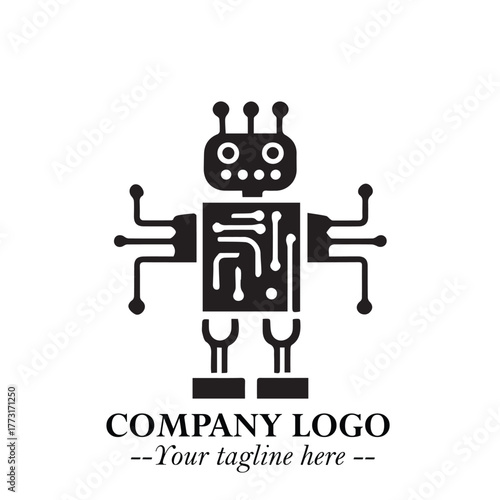 Circuit Robot Logo Symbol in Black on the White Background with Futuristic Tech Design
