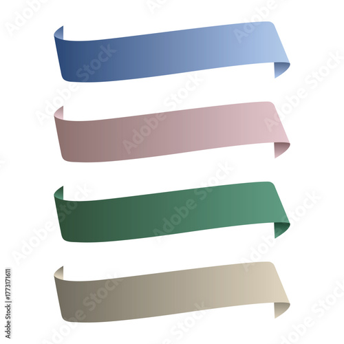 Modern pack of 4 ribbon-style banners with smooth gradients (blue, pink, green, beige). Ideal for web headers, infographics, social media, presentations, promo labels, UI kits, and sales tags.
