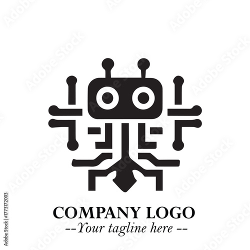 Circuit Robot Logo Symbol in Black on the White Background with Futuristic Tech Design
