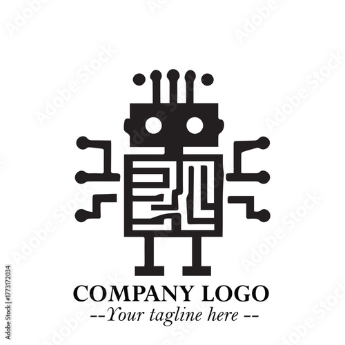 Circuit Robot Logo Symbol in Black on the White Background with Futuristic Tech Design
