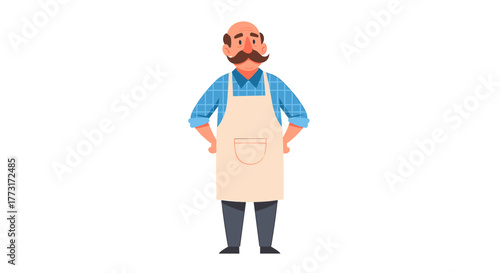 Friendly shopkeeper with a mustache and apron ready to serve customers with a smile in his small business, perfect for local business promotions
