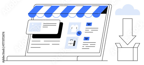 Laptop screen featuring a storefront layout, product listings, shopping cart icon, and discount tag. Cloud and download box nearby. Ideal for e-commerce, online shopping, digital tools, retail cloud