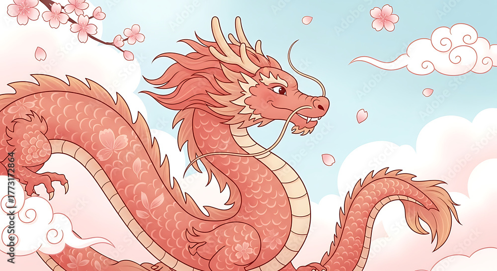 Obraz premium Illustration of a stylized pink dragon amidst fluffy clouds and cherry blossoms against a light blue sky.