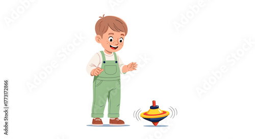 Adorable boy joyfully playing with spinning top, childhood memories come alive in vibrant colors perfect for educational materials and playful designs