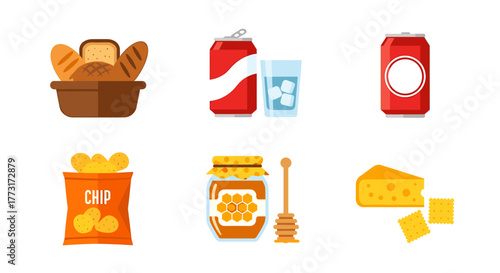 Delightful picnic treats featuring fresh bread, bubbly soda, crunchy chips, sweet honey, and savory cheese for a perfect outdoor feast