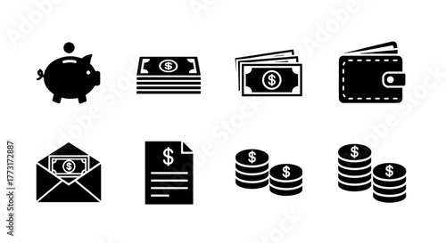 Secure your financial future with these money icons showcasing piggy bank, cash stacks, wallet, coins and envelope full of cash perfect for finance content
