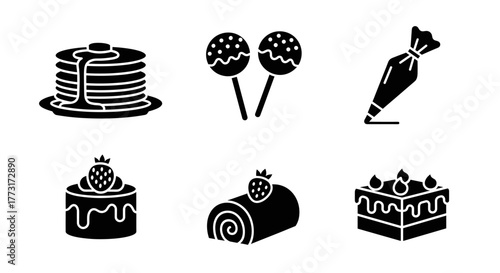 Delicious desserts icons for a bakery shop, sweet cake, pancakes, vector elements for a yummy food menu, creating fun kitchen recipes, party invitations