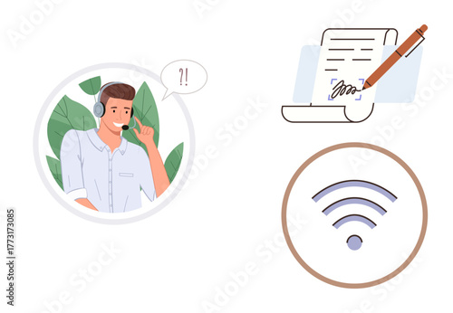 Man with a headset speaking, document being signed with a pen, wireless signal icon in circle. Ideal for customer support, online services, communication, technology, e-contracts, remote work