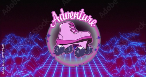 Pink roller skate hovering in glowing ring over neon grid, with Adventure text and wireframe hills