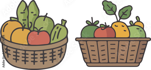Two wicker baskets filled with freshly picked fruits and vegetables