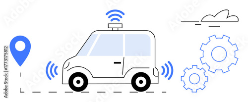 Self-driving car with wireless signals, navigation pin, gears for automation, and cloud icon. Ideal for technology, innovation, AI, transport autonomy navigation connectivity. Simple flat metaphor