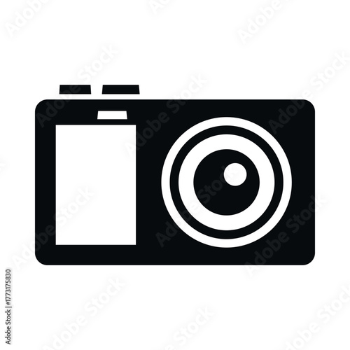 A camera icon featuring its body and lens in a minimalist style. Ideal for use in digital media or printed materials related to photography and art.
