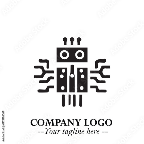 Circuit Robot Logo Symbol in Black on the White Background with Futuristic Tech Design
