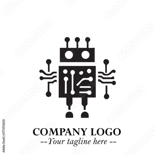Circuit Robot Logo Symbol in Black on the White Background with Futuristic Tech Design
