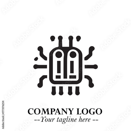 Circuit Robot Logo Symbol in Black on the White Background with Futuristic Tech Design
